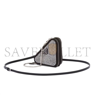 PRADA TRIANGULAR EMBELLISHED SATIN AND LEATHER MINI-POUCH 1NR015 (15*15*10cm)